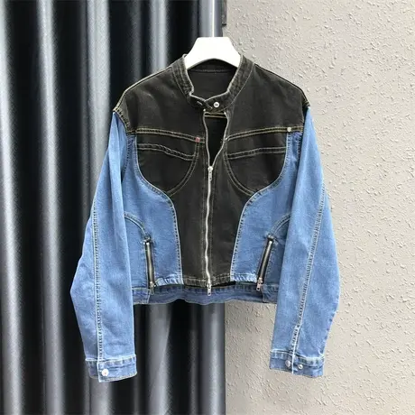 欧货拼接撞色设计感牛仔外套女2023秋季新款个性拉链长袖上衣夹克图片