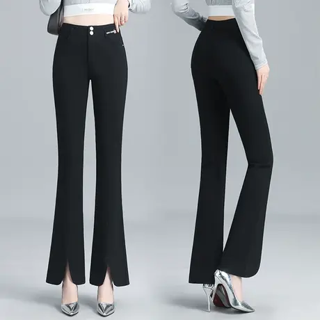 黑色微喇开叉裤女春秋2023新款高腰弹力显瘦宽松小个子西装喇叭裤商品大图