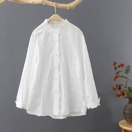 2023春秋新品短款衬衫女花边白衬衣长袖刺绣文艺清新打底衫上衣图片