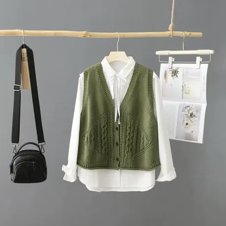 港风长袖衬衫针织马夹套装女2023春装新款休闲衬衣马甲两件套女装图片