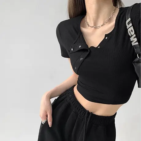 韩国ins夏季简约纯色纽扣半开圆领设计修身百搭短袖T恤女短款上衣图片