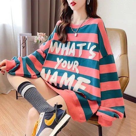 中长款卫衣女春秋季韩版宽松bf慵懒风ins薄款早秋条纹上衣外套潮图片