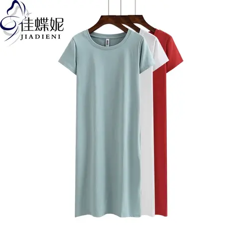 夏季新款韩版圆领修身长款短袖体恤纯棉纯色女装连衣裙休闲T恤商品大图