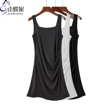 夏季新款韩版方领中长款修身纯欲过膝褶皱打底背心连衣裙女装图片