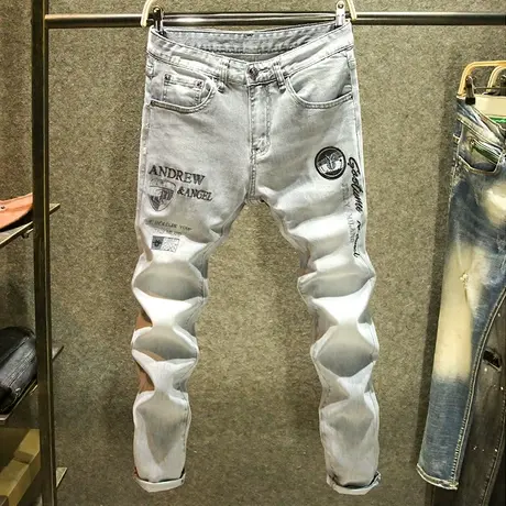 高端面料刺绣牛仔裤男款潮流百搭修身裤子男潮牌灰色小脚裤春夏季商品大图