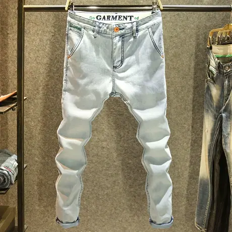 夏季浅色刺绣牛仔裤男款修身小脚裤潮牌斜口袋韩版显瘦弹力长裤子商品大图