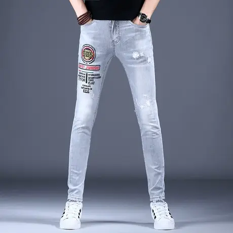 2023秋款男士新款牛仔裤子灰色简约刺身修身小脚裤潮牌破洞补丁裤商品大图
