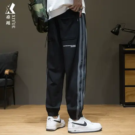 秋冬三条杠运动卫裤男宽松大码束脚裤子春秋加绒加厚百搭休闲男裤商品大图
