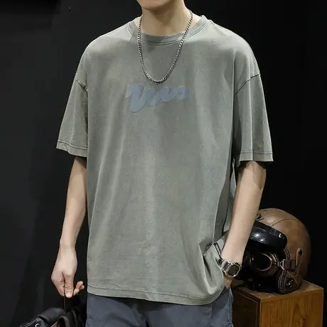 水洗短袖t恤男士宽松大码潮牌夏季2023新款纯棉男装圆领体恤男款商品大图