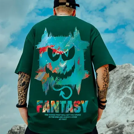 oversize港风潮牌国潮嘻哈小恶魔短袖T恤男潮宽松加肥加大码半袖图片