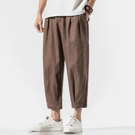 夏季九分裤男薄款大码中国风青年日系棉麻休闲裤宽松小脚褶皱裤子商品大图