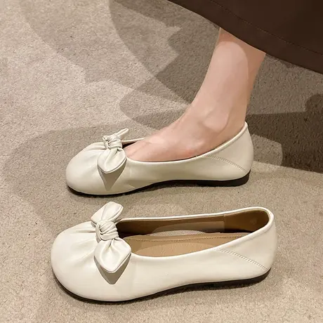 复古奶奶鞋女夏平底2023新款浅口软底配裙豆豆鞋一脚蹬蝴蝶结单鞋商品大图