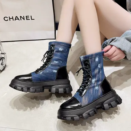 韩版马丁靴烟筒靴2023早秋新款牛仔布面超轻厚底增高女鞋单鞋潮图片
