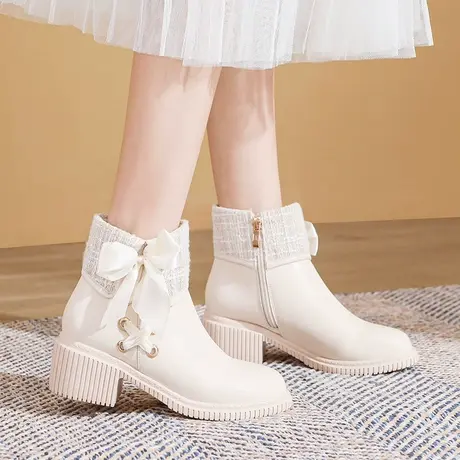 百翎2022年新款秋冬靴子女粗跟短靴加绒厚底软底小香风小码女鞋子图片