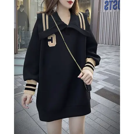 欧货春秋女装黑色娃娃领字母印花宽松大码胖mm中长款卫衣女200斤商品大图