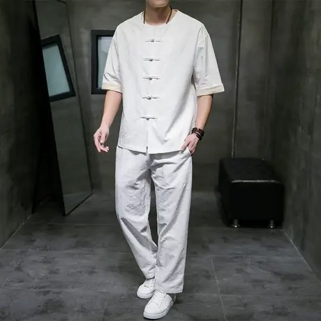 两件套男夏季新款中国风棉麻套装提花复古中式一套衣服短袖长裤潮图片