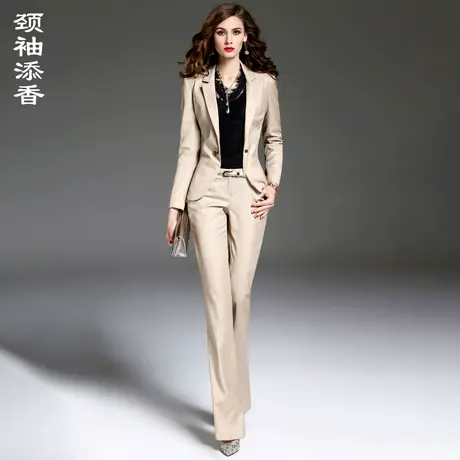 颈袖添香2024春夏高端总裁御姐气质卡其色西装长裤两件套正装套装图片