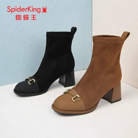 SPIDER KING/蜘蛛王切尔西女靴2023秋商场新款中筒磨砂皮薄绒粗跟图片