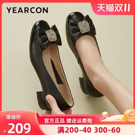 意尔康女鞋2023秋季新款蝴蝶结真皮中跟浅口单鞋女软底小皮鞋粗跟商品大图