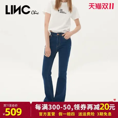 LINC金羽杰牛仔裤女2023秋季新款复古蓝色中高腰女士喇叭裤长裤商品大图
