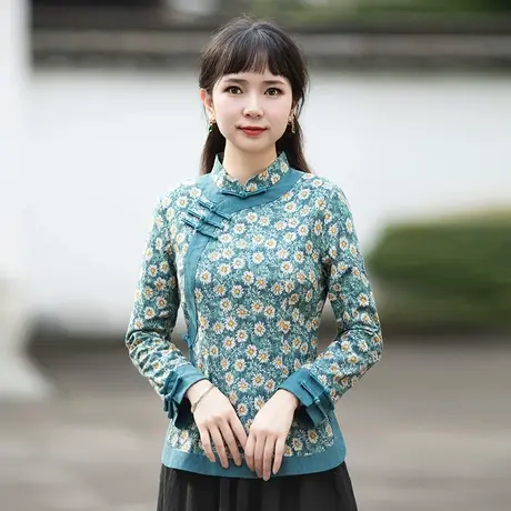 筠雅棉麻唐装女装中国风旗袍式上衣中式盘扣服装长袖复古民国外套商品大图