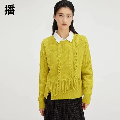 播圆领针织衫女2023秋冬新款宽松短款复古别致麻花毛衣DDQ4SD5613商品大图