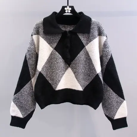 黑白格polo领短款毛衣女秋冬2023新款日系复古慵懒风宽松针织上衣图片