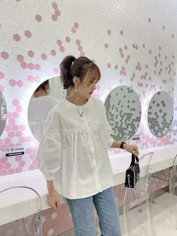 灯笼袖七分袖单排扣立领衬衫女褶皱设计感甜美减龄衬衣2023春秋潮图片