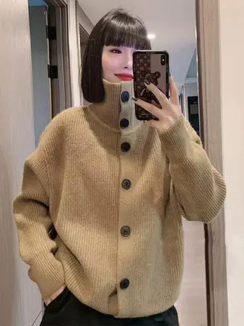 气质高领纯色保暖长袖针织衫女2023冬季新款韩版单排扣开衫毛衣潮商品大图