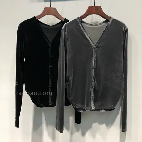 23秋装韩国ulzzang新款前排扣纯色V领显瘦宽松短款丝绒T恤开衫女图片