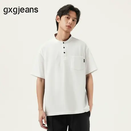 gxg.jeans男装 白色基础简约宽松亨利领短袖t恤男生 25夏新品图片