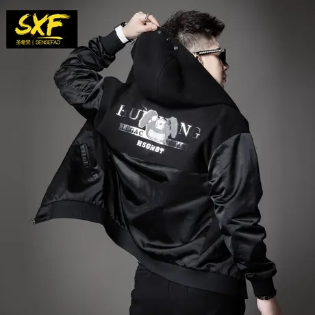 SXF圣希连帽夹克男 2023秋季新款薄款拼接卡通刺绣休闲潮男士外套商品大图