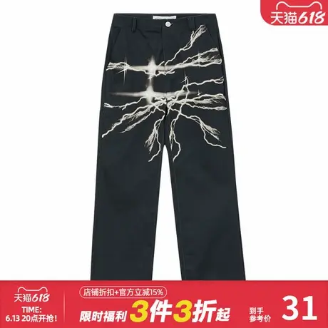 美特斯邦威女侧口袋黑色休闲裤春夏季闪电印花设计朋克风潮流裤子商品大图