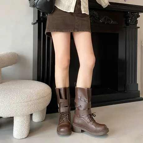 法式复古靴子女2025新款秋季粗跟百搭显瘦马丁靴英伦风中筒骑士靴商品大图