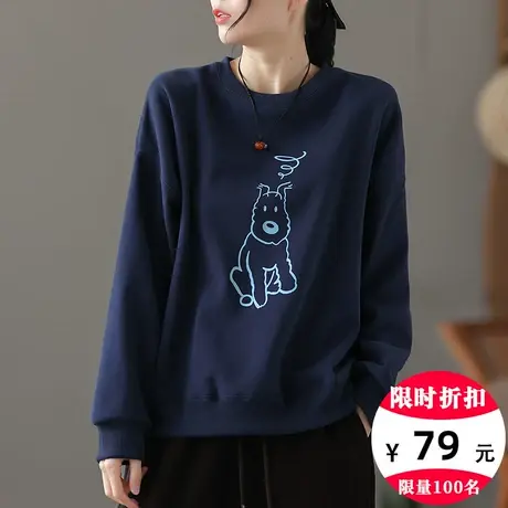 dza 复古短款宽松印花加绒卫衣女士冬装新款外套休闲套头长袖上衣图片