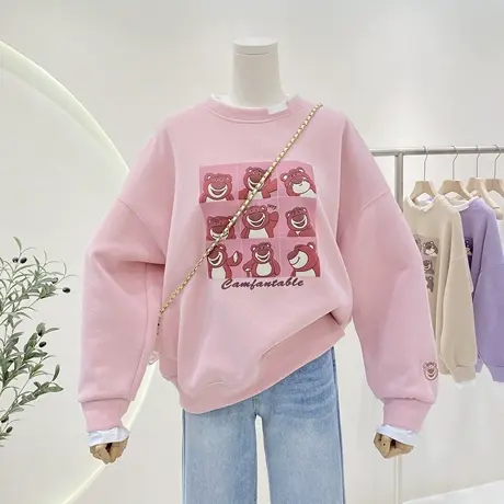 春秋新款2023减龄卡通印花宽松假两件拼接圆领套头卫衣女ins上衣图片