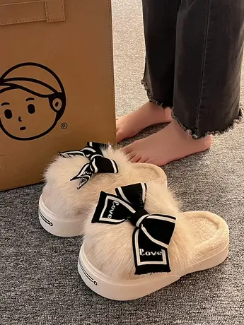 2023新款毛毛拖鞋女外穿秋冬季网红蝴蝶结厚底防滑包头毛茸茸棉鞋图片