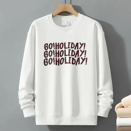 320g重磅男士卫衣2023新款加绒加厚圆领无帽白色长袖t恤潮牌潮流商品大图