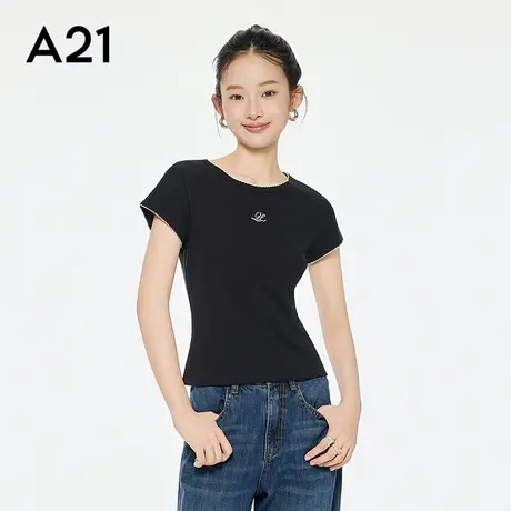 A21女装圆领短袖修身T恤2025夏秋新款简约设计感短款针织套头上衣图片