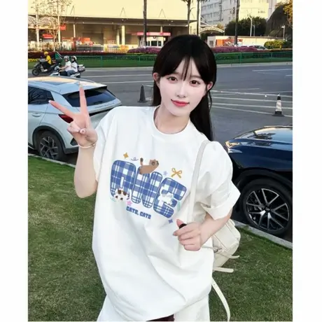 2025夏季新款chic学院风减龄白色短袖t恤女设计感宽松百搭上衣潮商品大图