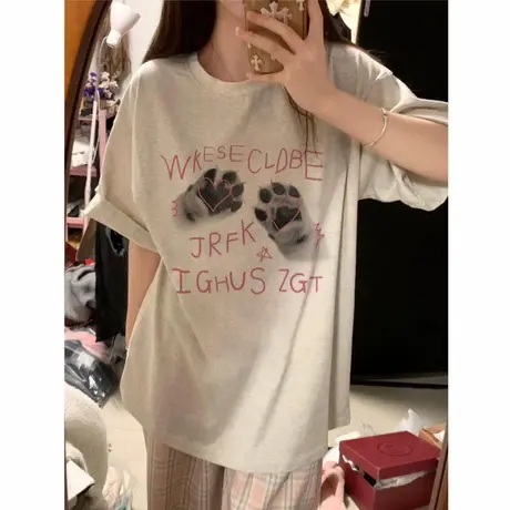 夏季纯棉灰色短袖t恤女2025新款落肩设计感小众韩版宽松半袖上衣商品大图