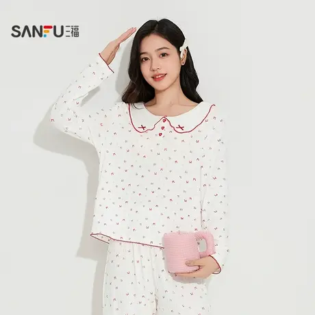 三福女秋季蝴蝶结娃娃领套装 清新甜美碎花宽松家居服女506718商品大图