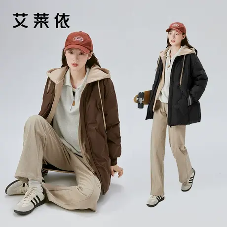 艾莱依奥莱冬季假两件时尚羽绒服连帽保暖宽松连帽棒球服鸭绒外套商品大图
