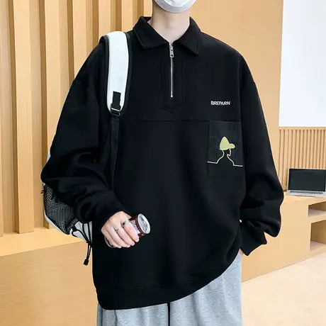 潮牌长袖T恤男时尚休闲翻领半拉链卫衣印花青少年学生打底衫帅气商品大图