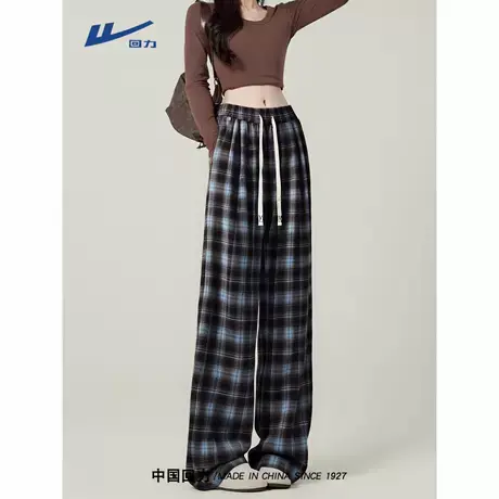 回力潮流格子裤女2025新款春秋季女裤微胖mm大码宽松阔腿休闲裤A商品大图