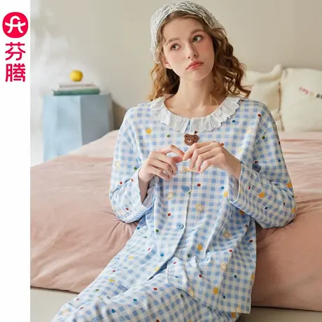 芬腾纯棉睡衣女春秋季长袖大码女款休闲可爱抗静电家居服套装商品大图