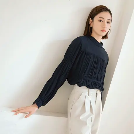 桔熊春秋复古宫廷风舒适叠穿宽松立领百褶长袖上衣女大码AB17706图片