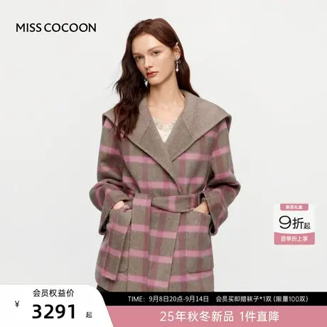 MISSCOCOON可可尼格子翻领毛呢外套女2025冬新款双面呢绵羊毛大衣商品大图