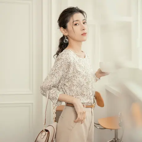 桔熊春秋季通勤简约气质雪纺衫七分袖宽松舒适上衣女大码AB17514图片