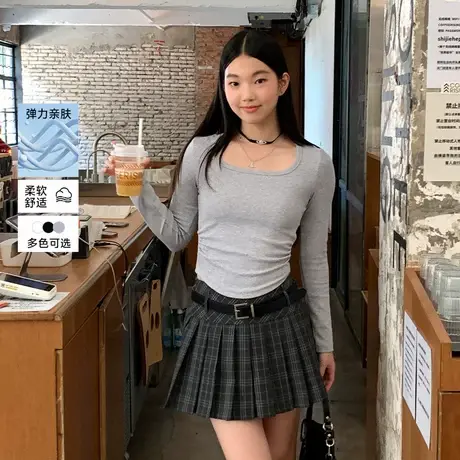 KV真维斯灰色紧身长袖t恤女2025新款春秋百搭打底衫修身收腰上衣商品大图